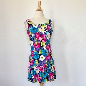 Vintage 90s Madison Wells Collection Black Floral Sleeveless Dress